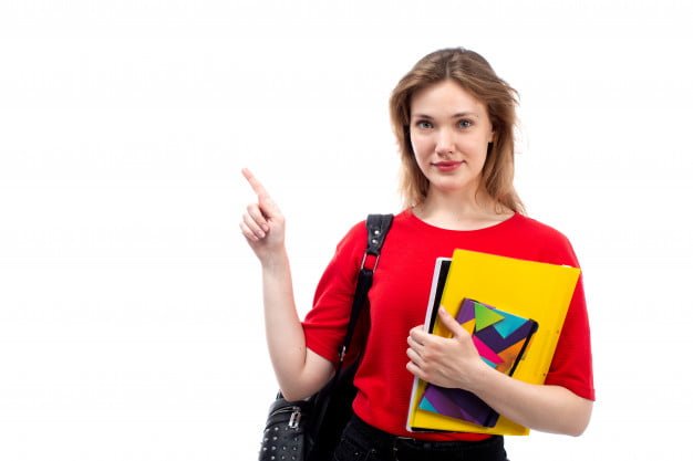 front view young female student red shirt black bag holding pen copybooks smiling posing white 140725 16633