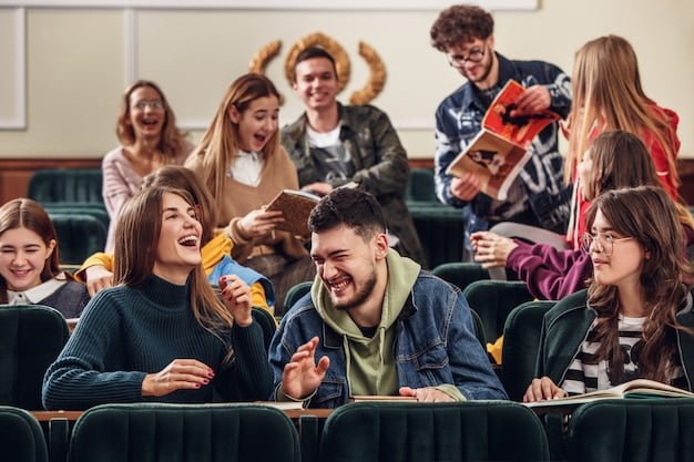 group cheerful happy students sitting lecture hall before lesson 155003 15129