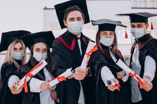 group students celebrating graduation together wearing face masks 1303 27687